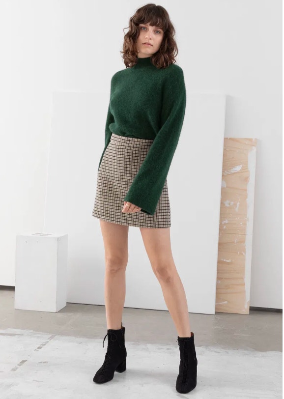 & Other Stories Women's Black Brown Houndstooth Wool Blend A-Line Mini Skirt - 6